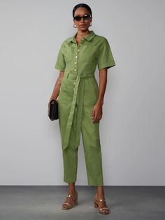 Short Sleeve Twill Utility Jumpsuit | NY&Co Classic Jumpsuit, Shirt Collar Styles, Utility Jumpsuit, Jumpsuit For Women, Belt Design, Pocket Shirt, Short Jumpsuit, Shirt Collar, Jumpsuits For Women