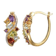 Add style to your look with these 18k Gold Over Sterling Silver Multi Gemstone with Diamond Accent Hoop Earrings. Click on this JEWELRY & WATCHES GUIDE to learn about fit, styles, materials and more! Add style to your look with these 18k Gold Over Sterling Silver Multi Gemstone with Diamond Accent Hoop Earrings. Click on this JEWELRY & WATCHES GUIDE to learn about fit, styles, materials and more! FEATURES Dimensions: 21.62 mm x 9.7 mm Backings: click-it Nickel safe Metal: sterling silver Plating Gold Elegant Hoop Earrings With Gemstone Accents, Elegant Gold Hoop Earrings With Gemstone Accents, Elegant Multi-stone Hoop Earrings, Elegant Hoop Jewelry With Gemstone Accents, Elegant Multicolor Gemstone Hoop Earrings, Elegant Round Hoop Earrings With Gemstone Accents, Elegant Multi-stone Hoop Jewelry, Gold Hoop Jewelry With Gemstone Accents, Gold Hoop Earrings With Gemstone Accents