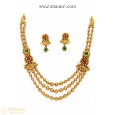 22K Gold Antique Necklace & Drop Earrings Set With Fancy Stones - 235-GS2996 - Buy this Latest Indian Gold Jewelry Design in 33.600 Grams for a low price of  $1,784.20 Vintage Yellow Gold Jewelry For Festive Occasions, Vintage Jewelry For Celebration With Jewels, Vintage Yellow Gold Necklace With Polished Beads, Vintage Gold Jewelry With Polished Beads, Vintage Yellow Gold Necklaces With Polished Beads, Vintage Yellow Gold Polished Bead Necklace, Vintage Bridal Necklace For Celebration, Vintage Round Necklaces For Celebrations, Vintage Necklace With 17 Jewels For Celebration