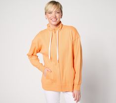 Summertime PSA: Don't forget your jacket! With a comfy mock neck and a generous drawstring (but no hood to pull at the neck) this sporty-chic layer takes the cake. Perfect Pique blends easy wear and easy care. From Belle by Kim Gravel. Fall Outerwear With Ribbed Cuffs For Leisure, Fall Athleisure Track Jacket With Drawstring Hood, Sporty Loungewear Outerwear With Funnel Neck, Athleisure Track Jacket With Drawstring Hood For Fall, Spring Sports Sweatshirt With Drawstring, Spring Sporty Funnel Neck Sweatshirt, Relaxed Fit Funnel Neck Athleisure Outerwear, Relaxed Fit Funnel Neck Outerwear In Athleisure Style, Relaxed Fit Funnel Neck Outerwear For Athleisure