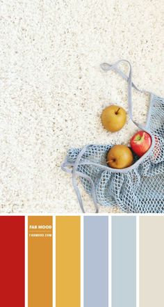 two apples in a mesh bag on the floor with color swatches to match them