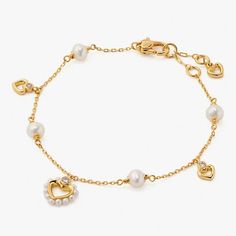 $78 Kate Spade Shining Spade Pearl Line Heart Bracelet In Gold New White Heart Beads Bracelet, Elegant White Heart Bracelet For Valentine's Day, Elegant White Bracelet With Heart Charm, Elegant White Kate Spade Bracelet, Elegant White Heart Bracelet, Elegant White Heart-shaped Bracelet, Spade Jewelry, Kate Spade Jewelry, Heart Bracelet