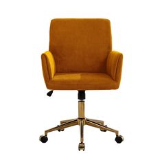 an orange office chair with wheels and casteors on the back, against a white background