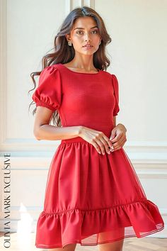 Olivia Mark - Elegant Vibrant Red Puff Sleeve Fit and Flare Dress with Ruffled Hemline Spring Red Puff Sleeve Dress With Ruffles, Red Fitted Puff Sleeve Dress For Spring, Elegant Red Puff Sleeve Dress, Red Puff Sleeve Dress With Ruffles, Red Short Sleeve Mini Dress With Ruffles, Red Short Sleeve Mini Dress With Ruffle Hem, Red Mini Dress With Ruffle Hem And Short Sleeves, Olivia Mark, Fit And Flare Dress