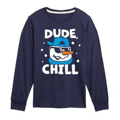 Get in the holiday spirit with this boys' Dude Chill Long Sleeve Graphic Tee. FEATURES Crewneck Long sleevesFABRIC & CARE Solid colors: cotton; Heather colors: cotton, polyester Machine wash Imported Size: X Large. Color: Navy. Gender: male. Age Group: kids. Blue Crew Neck T-shirt, Fun Blue Long Sleeve T-shirt, Blue Crew Neck T-shirt For Winter, Blue Crew Neck Top For Holiday, Blue Casual Tops For Holiday, Casual Blue Holiday Tops, Blue Long Sleeve Christmas Tops, Blue Long Sleeve Tops For Christmas, Fun Blue Tops For Winter