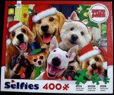 a puzzle with many dogs wearing christmas hats on it's face and one dog has its mouth open