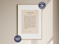 an old book page is framed in a white frame with the caption print below it