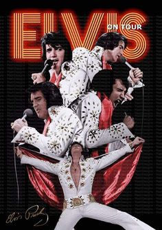 elvis on tour poster with the band in red and white outfits, singing into microphones