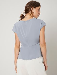 Dusty Blue Elegant  Cap Sleeve Polyester Plain Peplum  Non-Stretch Summer Women Tops, Blouses & Tee Dressy Clothes, Elegant Tops, Blue Bodycon Dress, Women Blouses, Dressy Tops, Trendy Fashion Women, Women Tops, Blouse Dress, Fashion Sewing