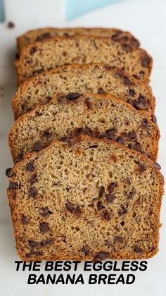 the best eggless banana bread is sliced and ready to be eaten with text overlay