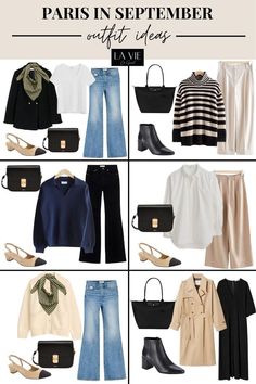 Graphic of outfits to pack for Paris Outfit For Paris Autumn, What To Pack For Paris In September, Paris Outfits September 2023, Paris Outfit Ideas September, Paris September Outfits, Paris In September Outfits, Paris Chic Style, France Autumn, What To Pack For Paris