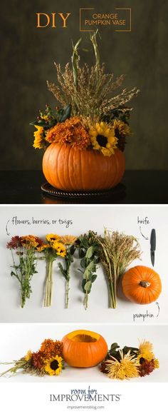 an arrangement of flowers and pumpkins on display