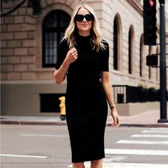 Business Casual Black Dress With Sleeves Classic Black Mini Dress For Night Out, Casual Short Sleeve Bodycon Dress For Evening, Classic Black Dress For Date Night, Short Sleeve Midi Dress For Going Out, Knee-length Black Bodycon Dress For Going Out, Classic Black Stretch Bodycon Dress, Classic Black Dress For Night Out, Black Stretch Midi Dress For Formal Occasions, Sleek Black Bodycon Dress For Going Out