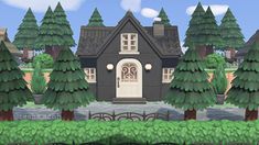 an animated house surrounded by trees and bushes