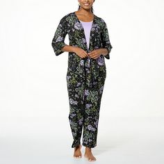 Hue 3-piece Topper, Tank and Pant PJ Set  Soft-as-a-dream, timeless soft knit fabric and beautiful prints come together in this cozy-chic pajama set, creating the ultimate lounging experience. Spring Patterned Loungewear Sets, Comfortable Black Sleepwear For Spring, Black Floral Print Loungewear Sets, Fitted Floral Print Sleep Sets, Casual 3-piece Set For Spring, Sleepwear Women Pajamas, Hue Color, Beautiful Prints, Cozy Chic