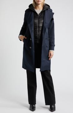 A removable hooded bib with lightweight fill adds an extra level of warmth to this cotton-blend trench in a double-breasted, belted silhouette. 38" length Double-breasted button closure Spread collar Belted cuffs Front button-flap pockets Epaulets Gun flaps Storm flap Removable belt Removable bib has front zip closure; drawcord-toggle hood; lined, with polyester fill Lined 55% cotton, 45% polyester; 100% nylon bib Machine wash, tumble dry Imported Winter Workwear Hooded Raincoat, Waterproof Long Coat For Workwear, Waterproof Long Coat For Work, Winter Workwear Raincoat With Detachable Hood, Winter Workwear Nylon Raincoat, Fall Cotton Raincoat With Detachable Hood, Cotton Raincoat With Detachable Hood For Fall, Workwear Parka With Detachable Hood, Workwear Parka With Adjustable Hood For Fall