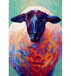 a painting of a sheep with multicolored wool on it's face and head