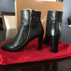 Pre-Loved Christian Louboutin Telezip 85 Calf Boots, 39.5, Black. These Have Been Professionally Resoled At The Leather Spa In Ny. I Have All My Cl Shoes Done There. It Allows The Soles To Always Remain Red And Not Scuffed Looking. They Also Treated, Conditioned And Cleaned The Boots. Luxury High-heel Boots With Zipper Closure, Luxury High Heel Boots With Zipper Closure, Calf Boots, Louboutin Shoes, Christian Louboutin Shoes, Bootie Boots, Christian Louboutin, Black Color, Ankle Boots