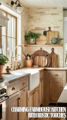 a kitchen filled with lots of wooden cabinets and counter top space next to a window