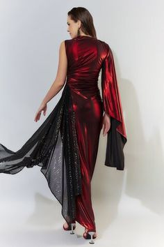 Metallic red bodyfit gown with cape sleeve on one side and a black sequined trail on the other side. - Aza Fashions Red Fitted Evening Dress With Asymmetrical Neckline, Fitted Gown With Cape Sleeves For Parties, Trail Gown, Foil Boat, Gown With Cape, Red Clothes, Gown For Women, Cape Sleeves, Red Outfit