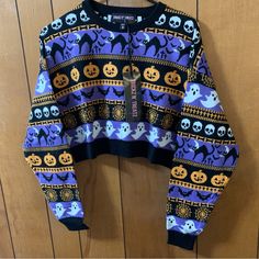 Brand New With Tag Nwt Dolls Kill X Trickz N' Treatz Night Of Spooks Crop Sweater Sweatshirt Long Sleeve Top Shirt Tee Size Small / S Trickz N' Treatz Night Of Spooks Crop Sweater Ghouls And Goblins, Oh My! This Long Sleeve Fairisle Sweater Has A Cropped Fit And Graphics Of Pumpkins, Bats, And Ghosts All Over. Multicolored 100% Cotton Machine Washable Purple Crew Neck Sweater For Loungewear, Cute Purple Tops For Loungewear, Purple Winter Loungewear Sweater, Cute Purple Winter Top, Purple Crew Neck Top For Halloween, Halloween Sweater Outfit, Witch Sweater, Aeropostale Sweater, Sparkly Sweater