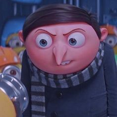 an animated character wearing a scarf and looking at the camera while standing in front of other characters