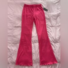 Ribbed Pajama Pants That Have Some Stretch To Them, Hot Pink With Light Pink Trim On The Bottom. Still Has Tag, Although Price Piece At The Bottom Was Taken Off! Solid Wide Leg Sleepwear For Spring, Solid Color Wide Leg Sleepwear For Spring, Casual Bottoms With Elastic Waistband For Pajama Party, Trendy Cotton Stretch Bottoms, Trendy Stretch Cotton Bottoms, Casual Solid Bottoms For Pajama Party, Casual Straight Pants For Pajama Party, Casual Wide Leg Sleepwear For Spring, Summer Pants With Elastic Waistband For Sleepover