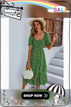 Green Square Neck Smocked Split Floral Dress Spring Non-stretch Smocked Back Dress, Green Smocked Back Top For Vacation, Green Smocked Top For Vacation, Vacation Green Smocked Top, Green Floral Print Smocked Casual Dress, Summer Knee-length Smocked Dress, Casual Green Smocked Top For Beach, Casual Flowy Smocked Top For Vacation, Casual Knee-length Fitted Smocked Dress