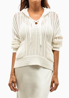 The Elowen Cotton Cashmere Hoodie by SABLYN is made from a blend of cotton and cashmere in gardenia, the hoodie is designed with a V-neck that laces and ties, drop shoulders, extra long sleeves, thick hems and a sheer eyelet stripe pattern throughout. Pair with the Taylor Midi Dress and flats for a casual, everyday look. 70% Cotton, 20% Silk, 10% Cashmere Dry Clean Only Model is 5’8” and wearing a size XS. Runs true to size, we recommend taking your usual size. Model’s Measurements: 26” waist 34 Dress And Flats, Cashmere Hoodie, Extra Long Sleeves, Casual Everyday, Extra Long, Stripes Pattern, Everyday Look, Drop Shoulder, Cashmere