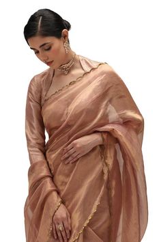 Pale rose gold woven tissue silk saree with sequin embroidered scallop border. Comes along with a running blouse piece. - Aza Fashions Dhoti Saree, Cotton Sarees Handloom, Scallop Border, Ruffle Saree, Embroidered Saree, Lehenga Saree, Blouse For Women, Fashion App, Sequin Fabric