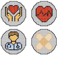 four cross stitch designs with hearts, hands and other things in the middle of them