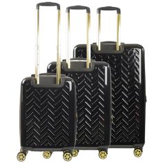 On Sale $199.99 Save $250 The 3 piece set of black hard-sided spinner suitcases luggage with 360° dual spinner wheels & superior organization make the Groove Collection perfect for the modern traveler. The set includes a carry-on 22" and two check bags 27" & 31" interior divider features two zipper pockets for neatly keeping all your essentials organized. Compression panels keep loose contents secure while 2” expansion lets you fit unexpected items. Comfort grip handles add a special touch. The Herringbone Wood Floor, Herringbone Wood, 3 Piece Luggage Set, Checked Luggage, Spinner Suitcase, New Groove, Suitcase Set, The Grove, Luggage Sets