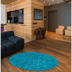 a living room filled with furniture and a blue rug on top of a hard wood floor