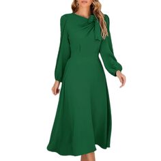 Green Bowknot Neckline A-line Elegant Midi Dress Spring A-line Midi Dress With Bow, Green A-line Midi Dress, Green A-line Midi Dress For Fall, Green A-line Maxi Dress For Work, Fitted A-line Midi Dress With Bow, Knee-length Dress With Bow Detail, Solid Color Knee-length Dress With Bow, Casual A-line Dress With Bow, Green Fit And Flare A-line Midi Dress