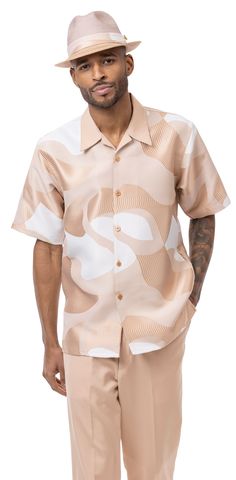 Montique Tan Abstract Design Walking Suit 2 Piece Short Sleeve Set 2204  It's time to update your look with this stunning new abstract design set. This very unique style includes a button up shirt with an open collar. This outfit is great for summertime wear. And don't forget about the matching hat to complete the ensemble!     2 Piece - Short Sleeves    Open Collar    Abstract Design    Button Closure Shirt    Polyester    Dry Clean Suggested    Cuffed with one inch   Not pleated   The hat the model is wearing is H2204 Tan.  Check out the whole  collection here. Beige Digital Print Summer Sets, Beach Short Sleeve Printed Sets, Cotton Short Set With Built-in Shorts And Short Sleeves, Luxury Short Sleeve Sets For Men, Vacation Graphic Print Button-up Short Sleeve Shirt, Pants Large, Large Shirts, Button Up Shirt, Design Set