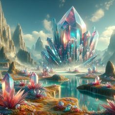 a futuristic landscape with mountains, rocks and water in the foreground is surrounded by bright colored crystals