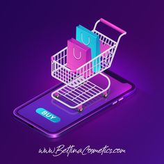 a shopping cart sitting on top of a cell phone with the text buy in front of it