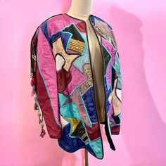 Vintage La Coleccion Judith Roberts Art Kimono Jacket Sweater Coat - Size Small | eBay Designer Multicolor Long Sleeve Blazer, Multicolor Long Coat With Patchwork, Fitted Patchwork Long Coat, Fitted Long Patchwork Coat, Fitted Multicolor Long Coat, Designer Embroidered Fall Outerwear, Designer Embroidered Outerwear For Fall, Vintage Multicolor Embroidered Long Sleeve Outerwear, Designer Multicolor Fall Outerwear