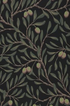 an olive tree with green leaves and brown berries on a black background wallpaper pattern