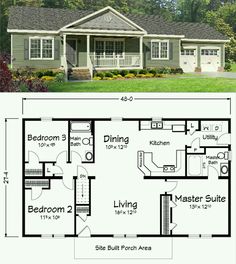 the floor plan for a small house with two bedroom and an attached garage, which is also