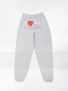 I Love My Boyfriend Sweatpants - Etsy Trendy Cotton Joggers For Lounging, Cotton Letter Print Bottoms For Leisure, Trendy Letter Print Joggers For Loungewear, Trendy Cotton Sweatpants With Letter Print, Gray Letter Print Pants For Loungewear, Comfortable Cotton Sweatpants With Letter Print, Comfortable Letter Print Joggers For Loungewear, Casual Letter Print Joggers For Loungewear, Relaxed Fit Cotton Joggers With Letter Print