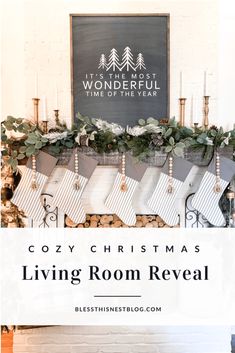 the cozy christmas living room reveal is featured in this postcard style photo with text overlay that reads cozy christmas living room reveal