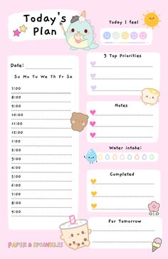 a pink and white printable to do list for today's plan with cartoon characters