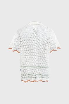 Creator's Note- Knit shirt perfect to head into the spring season. Quantity Made- Only 100 Collection - Racket Club Details- Crochet knit fabric- Large buttons down center with custom pattern- Wave pattern end- Words embroidered- Imported Fabric- 55% acrylic / 45% cotton Fit- True to size