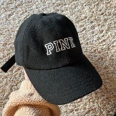 Pink Baseball Cap In Excellent Condition Like Brand New! Black Curved Bill Hat For Spring, Curved Bill Black Hat For Spring, Black Baseball Cap For Spring, Black Visor Hat With Letter Print, Black Dad Hat Baseball Cap For Spring, Trendy Winter Dad Hat, One Size, Casual Winter Snapback Hat With Visor, Casual Winter Trucker Hat With Visor, Trendy Winter Hat With Curved Bill