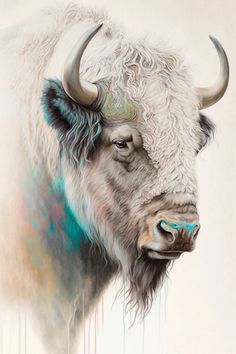 a painting of a bison with blue eyes