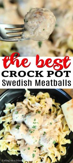 the best crock pot swedish meatballs is served on a plate with a fork