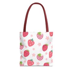 This adorable tote bag is perfect for carrying your essentials. Its vibrant design features strawberries and daisies, adding a touch of whimsy to your everyday look. Bring some fruity and floral fun wherever you go with this cute tote. Available in 3 sizes to add both functionality and style, these tote bags come with multiple handle colors to match your designs. Made with spun polyester, these bags feature double-stitched seams, cotton webbing straps, and nonwoven laminate lining for high-end d Playful White Bags For Spring, Red School Bag For Spring, Cute Red Bags For Everyday Use, Cute Spring Tote Bag, Playful Red Shoulder Bag For Daily Use, Playful Shoulder Bag For Daily Use In Spring, Playful Spring Shoulder Bag For Daily Use, Playful Rectangular Spring Bag, Rectangular Bags With Strawberry Print As Gift