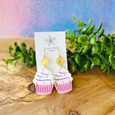 "Dancing Starfish Designs is proud to offer affordable, lightweight super cute earrings!      Make your birthday celebration sparkle with these fun Cupcake earrings!  These dangle earrings are a fun way to celebrate a birthday!   Cupcake Earrings are sure to become one of your favorite new traditions with your friends and family.   They measure 2.5\" long with earring hook and 1/8\" wide. Each pair is handmade so no two will look alike and shipped with love and care from the great state of Texas.  Thank you so much for supporting my small business." Trendy Earrings For Mother's Day Gift, Trendy Dangle Jewelry For Birthday, Playful Hypoallergenic Party Jewelry, Playful Hypoallergenic Jewelry For Party, Pink Jewelry With Matching Earrings For Birthday, Playful Nickel-free Jewelry For Birthday, Nickel-free Cute Jewelry For Party, Nickel-free Playful Jewelry For Birthday, Pink Drop Earrings For Birthday