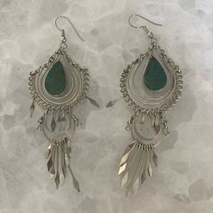 Never Used Green Metal Chandelier Earrings, Nickel Free Silver Chandelier Earrings For Festivals, Nickel-free Silver Chandelier Earrings For Festivals, Silver Teardrop Jewelry For Festival, Silver Metal Chandelier Earrings For Festivals, Elegant Silver Chandelier Earrings For Festival, Green Stones, Earrings Color, Green Stone